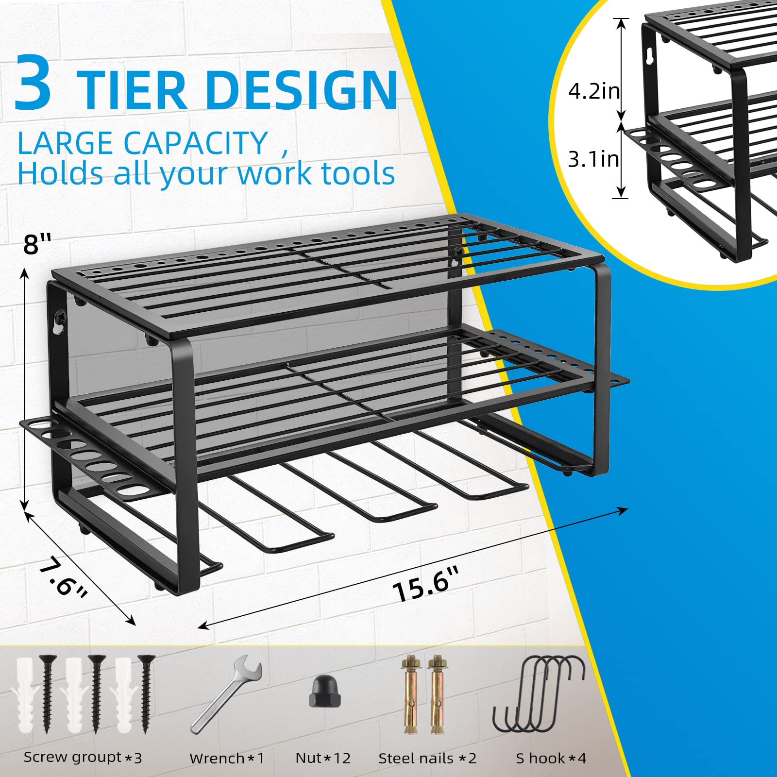 MASTLU Tools Storage Organizer,Wall Mounted Power tool,Drill Holder, Storage Rack, Utility Racks,Garage Storage,Heavy Floating Duty Metal Organizer,Warehouse DIY Work Station Black