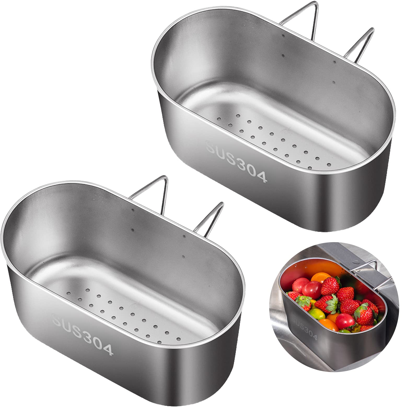 2PCS Stainless Steel Sink Drain Strainer Basket, Multifunctional Hanging Sink Strainer Colander Drain Basket for Filter Kitchen Waste and Wash Vegetables Fruits