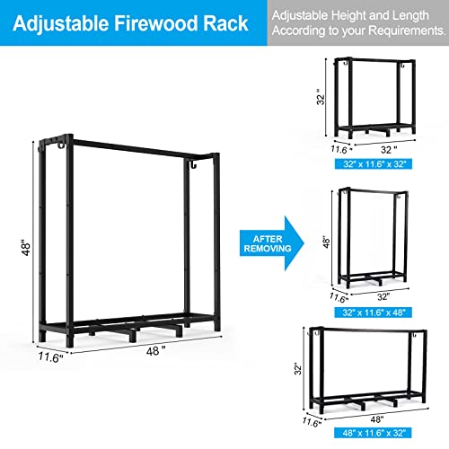 EMBATHER Firewood Rack for Outdoor Indoor Fireplace 4ft Heavy Duty Fire Wood Rack Adjustable Log Holder Metal Stand Lumber Storage Stacker Carrier Organizer, Matte Black