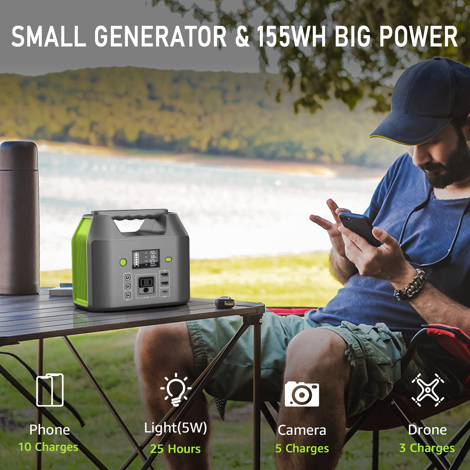 Enginstar 150W Small Solar Generator with 60W Solar Panel, 6 Outputs 42000mAh Portable Charger Power Bank for Outdoor Home Emergency