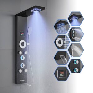 rovogo no battery needed shower panel system with led lights, mist & rain shower, 5 body jets, handheld, tub spout and temperature display, water powered led shower tower column stainless steel, black