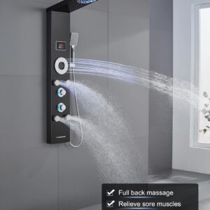 ROVOGO No Battery Needed Shower Panel System with Led Lights, MIST & RAIN Shower, 5 Body Jets, Handheld, Tub Spout and Temperature Display, Water Powered Led Shower Tower Column Stainless Steel, Black