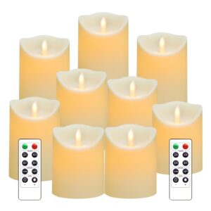 nimiko flameless candles with remote, battery operated flickering flameless candles, led candles with timer 2/4/6/8h, with realistic moving wick pillar candles set of 9 (d3" x h 3"4"5"6"7") (ivory)