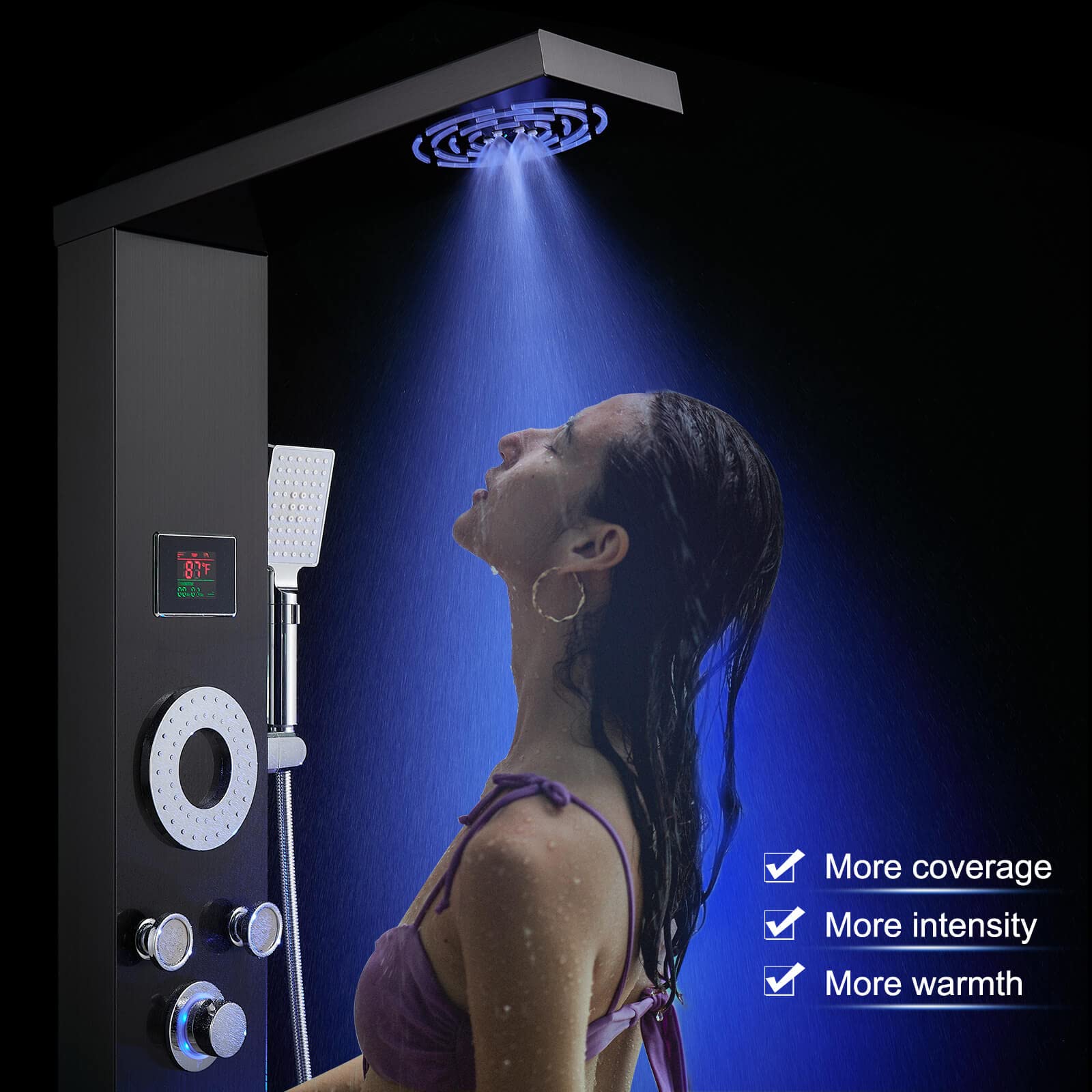 ROVOGO No Battery Needed Shower Panel System with Led Lights, MIST & RAIN Shower, 5 Body Jets, Handheld, Tub Spout and Temperature Display, Water Powered Led Shower Tower Column Stainless Steel, Black