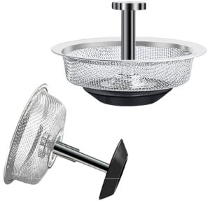 2-pack kitchen sink strainers, food waste leak mesh with rubber stopper at bottom, fits 3.1-2" drains, stainless steel basket with plastic knob, sink drain strainer (upgrade)