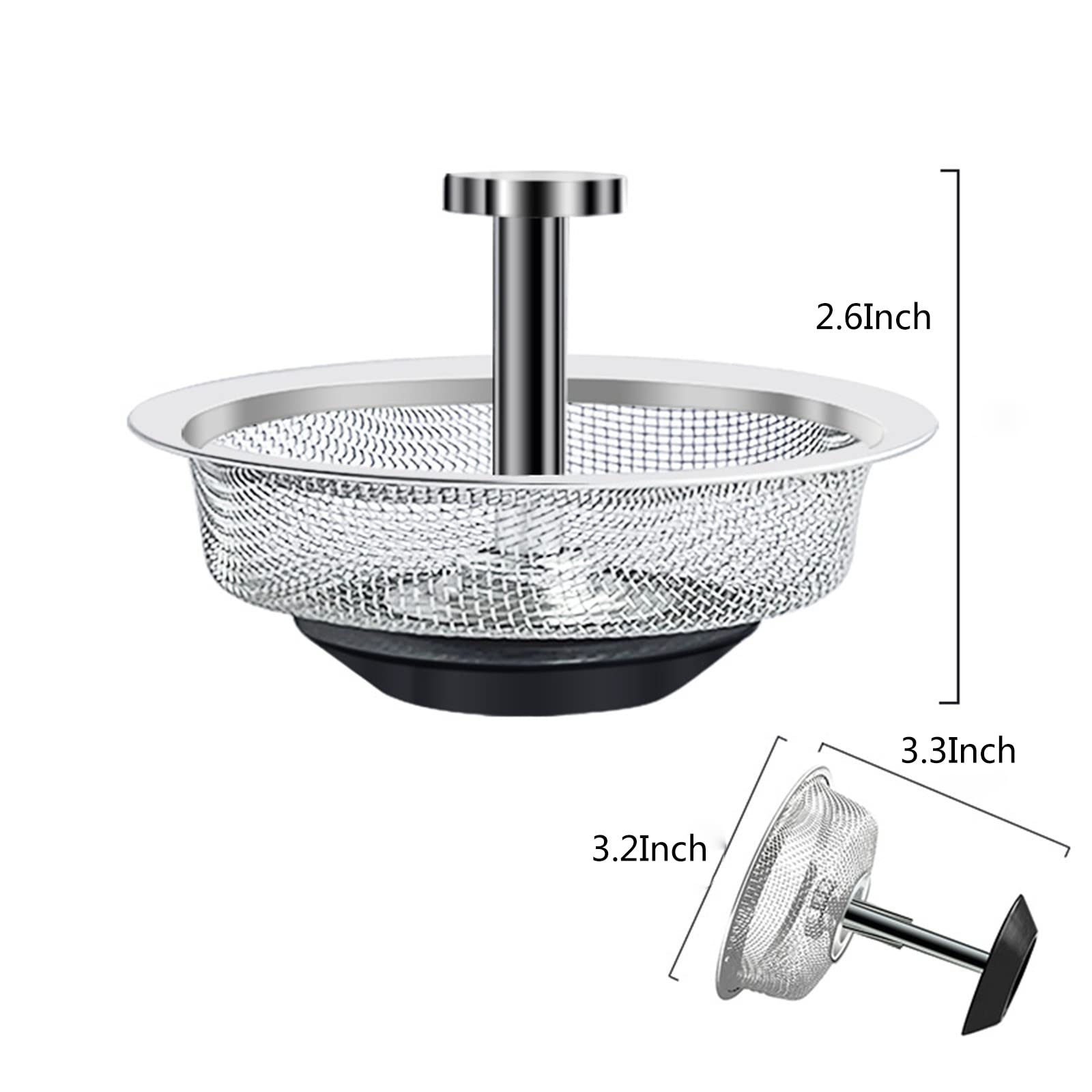 2-Pack Kitchen Sink Strainers, Food Waste Leak Mesh with Rubber Stopper at Bottom, Fits 3.1-2" Drains, Stainless Steel Basket with Plastic Knob, Sink Drain Strainer (Upgrade)