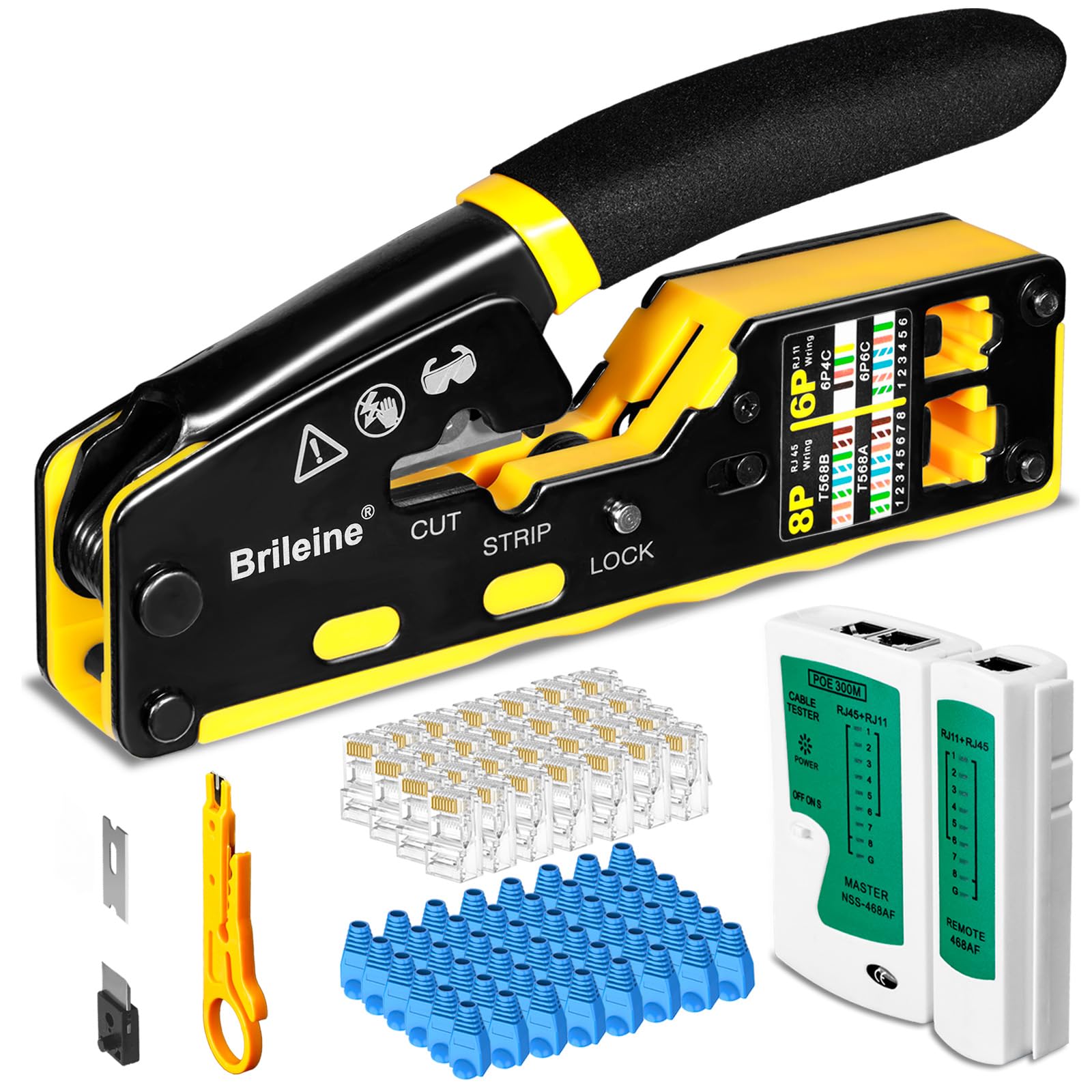 Brileine RJ45 Crimp Tool Pass Through Kit Ethernet Crimper Cat5 Cat5e Cat6 Crimping Tool for RJ11/12 6P/8P with Network Lan Cable Tester, 50PCS CAT6 Connectors, 50PCS Boots, Mini Cable Stripper