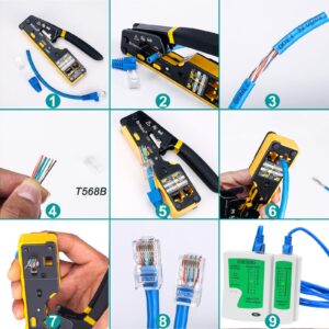 Brileine RJ45 Crimp Tool Pass Through Kit Ethernet Crimper Cat5 Cat5e Cat6 Crimping Tool for RJ11/12 6P/8P with Network Lan Cable Tester, 50PCS CAT6 Connectors, 50PCS Boots, Mini Cable Stripper