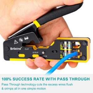 Brileine RJ45 Crimp Tool Pass Through Kit Ethernet Crimper Cat5 Cat5e Cat6 Crimping Tool for RJ11/12 6P/8P with Network Lan Cable Tester, 50PCS CAT6 Connectors, 50PCS Boots, Mini Cable Stripper