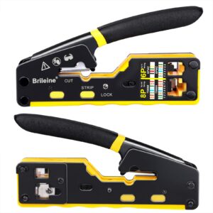 Brileine RJ45 Crimp Tool Pass Through Kit Ethernet Crimper Cat5 Cat5e Cat6 Crimping Tool for RJ11/12 6P/8P with Network Lan Cable Tester, 50PCS CAT6 Connectors, 50PCS Boots, Mini Cable Stripper