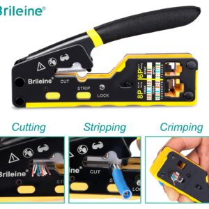 Brileine RJ45 Crimp Tool Pass Through Kit Ethernet Crimper Cat5 Cat5e Cat6 Crimping Tool for RJ11/12 6P/8P with Network Lan Cable Tester, 50PCS CAT6 Connectors, 50PCS Boots, Mini Cable Stripper