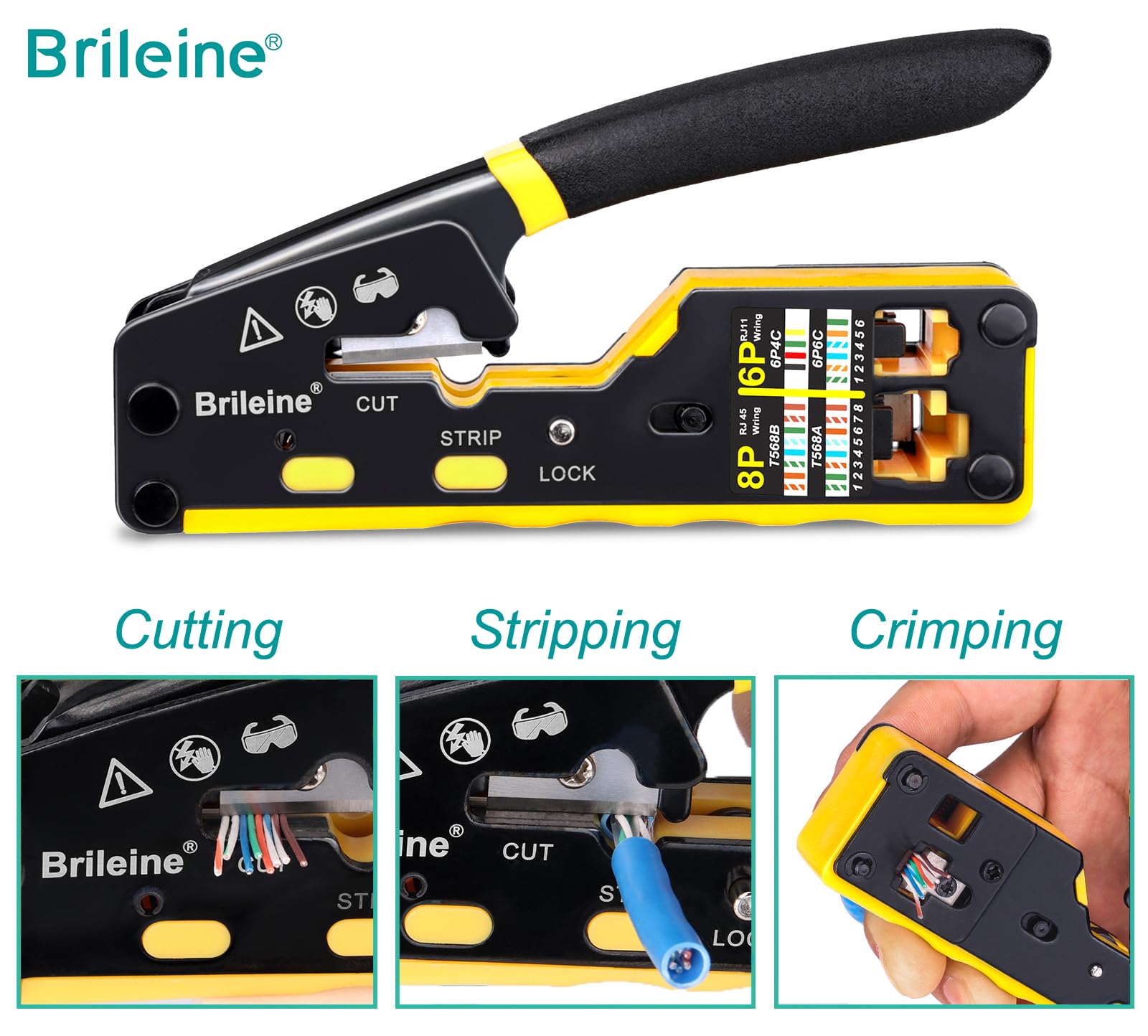 Brileine RJ45 Crimp Tool Pass Through Kit Ethernet Crimper Cat5 Cat5e Cat6 Crimping Tool for RJ11/12 6P/8P with Network Lan Cable Tester, 50PCS CAT6 Connectors, 50PCS Boots, Mini Cable Stripper