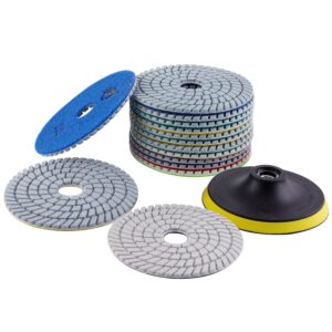 diamond wet polishing pads set, 5 inch 15pcs pads for granite stone concrete marble floor grinder or polisher, 50#-6000# with hook & loop backing holder pads for wet polisher