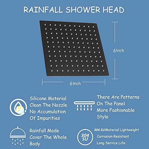 6 inch Shower Head with handheld, High Pressure 6" Rainfall Stainless Steel Shower Head/Handheld Shower with hose (Square, Matte Black)