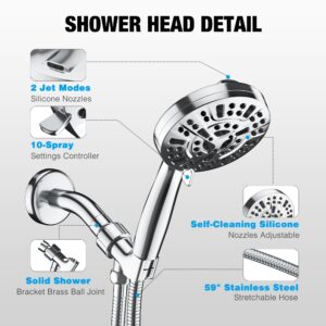 8 Massage Setting ＆ 2 Jet Modes High Pressure Shower Heads, 5.04" Large Size Handheld Shower Head 59" Stainless Steel Shower Head with Hose 360° Detachable Shower Head Aqua Care Shower Head