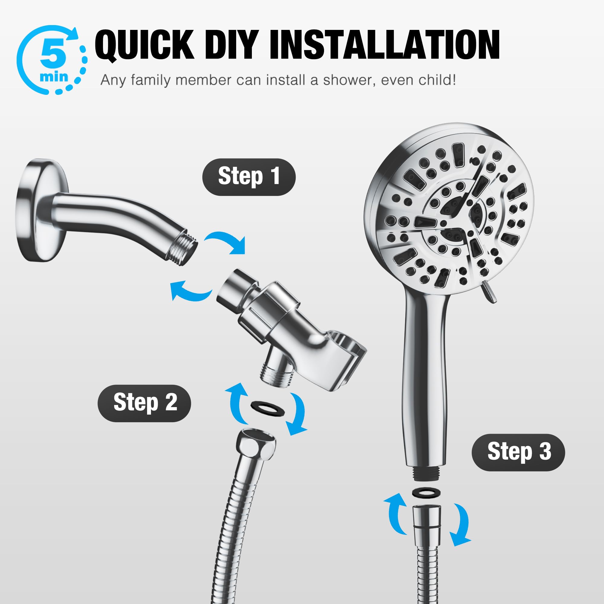 8 Massage Setting ＆ 2 Jet Modes High Pressure Shower Heads, 5.04" Large Size Handheld Shower Head 59" Stainless Steel Shower Head with Hose 360° Detachable Shower Head Aqua Care Shower Head