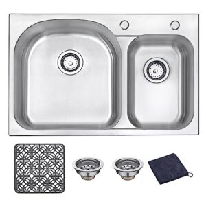 directunit 31.5-inch drop-in topmount kitchen sink double bowl with 2 holes 18 gauge stainless steel sink with silicone protector mat, 31.5" x 20.5" x 9"