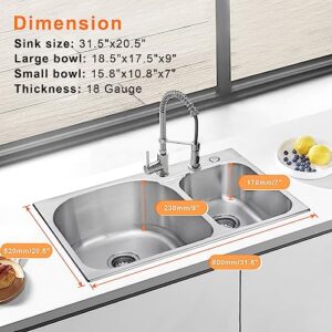 DIRECTUNIT 31.5-inch Drop-in Topmount Kitchen Sink Double Bowl with 2 Holes 18 Gauge Stainless Steel Sink with Silicone Protector Mat, 31.5" x 20.5" x 9"