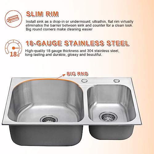 DIRECTUNIT 31.5-inch Drop-in Topmount Kitchen Sink Double Bowl with 2 Holes 18 Gauge Stainless Steel Sink with Silicone Protector Mat, 31.5" x 20.5" x 9"