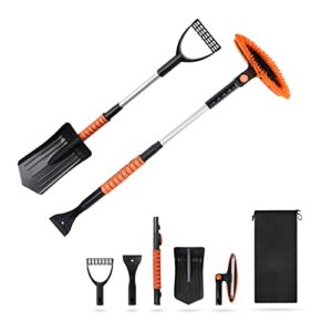 econour 39" 6 in 1 snow shovel for car | 270 degree rotating snow brush | ice scraper for car windshield | scratch free extendable snow squeegee for car, suv, truck winter car accessories