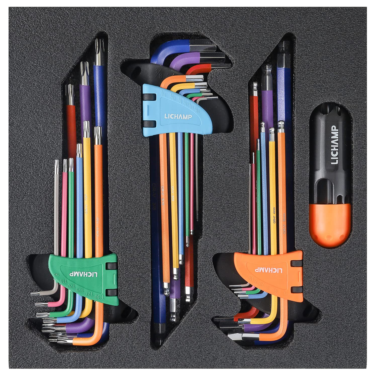 Lichamp 27-Piece Rainbow Colored Long Arm Allen Wrench Set - SAE 1/16 to 3/8 inch, Metric 1.5 to 10mm, Torx T10 to T50