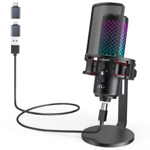 zealsound gaming usb microphone for iphone phone pc,metal microphones with quick mute,rgb indicator,pop filter,shock mount,gain control for podcast