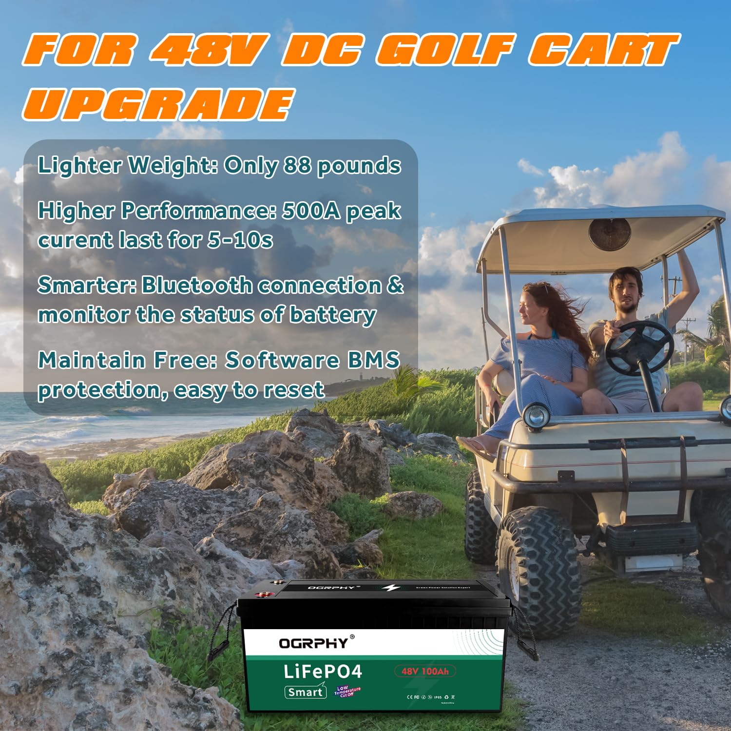 OGRPHY 48V 100AH LiFePO4 Battery with Bluetooth, 5.12kWh Grade A Cells Lithium Battery with 500A Peak Current, Up to 5000+ Deep Cycles Battery for Golf Cart, Solar, RV and Off Grid Applications