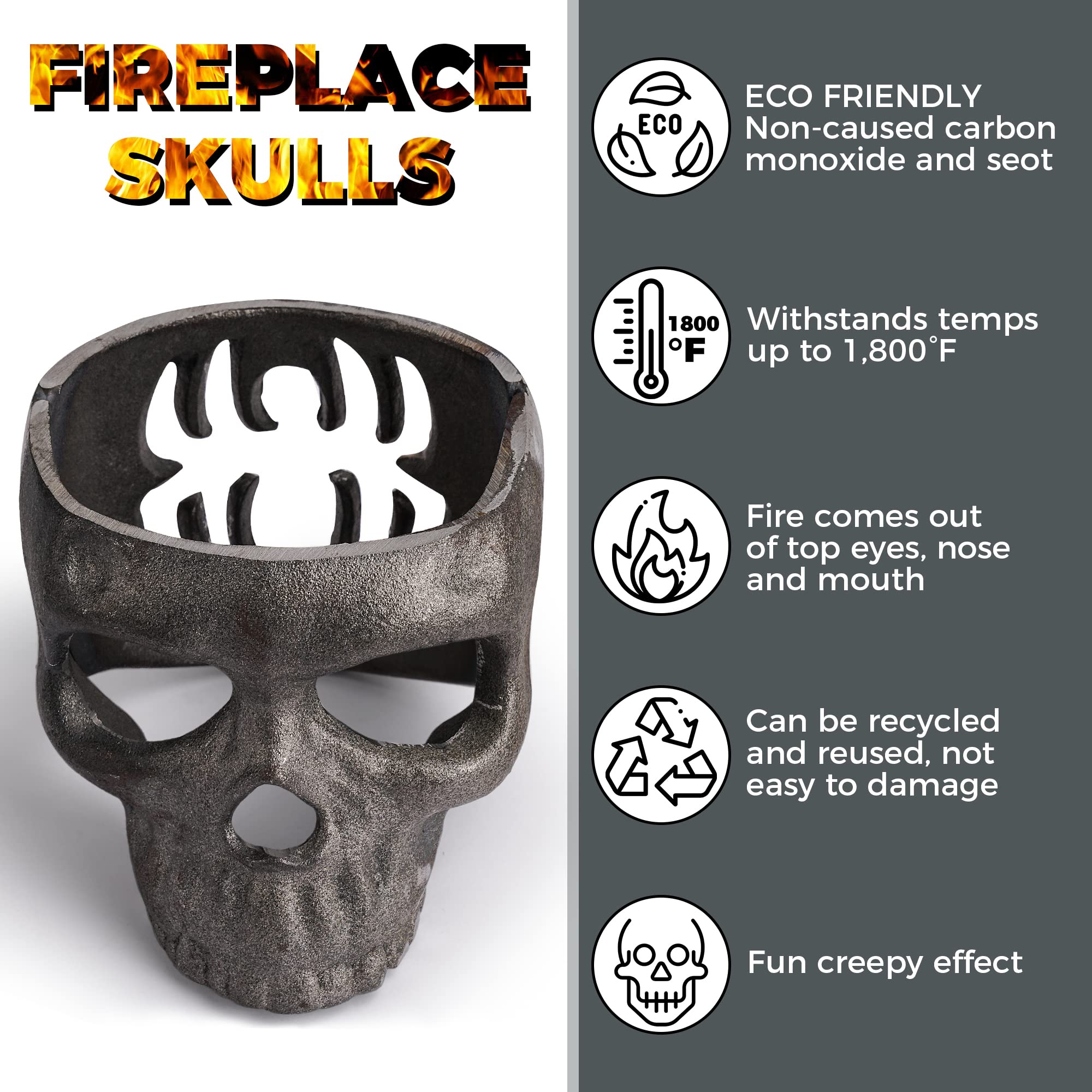 JTRF Metal Fireplace Decor Gothic Skulls for Firepit, Bonfire, Campfire, Grilling,Campouts,Hunting Trips | Halloween Fireproof Fire Pit Skull Log for Gas,Propane,or Wood Fires (Pack of 1)