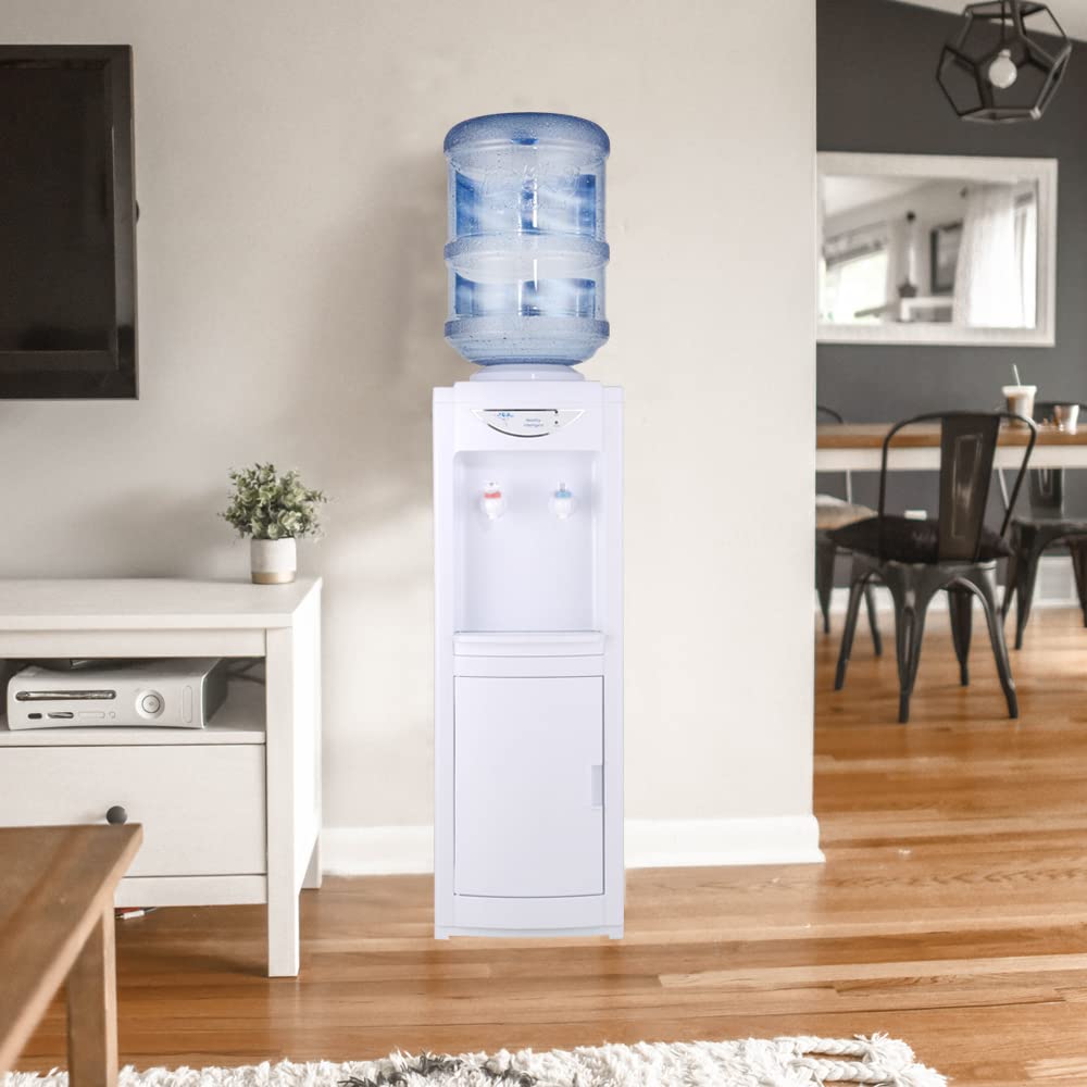 Hot&Cold Water Cooler Dispenser, 5 Gallon Top Loading Water Cooler for Home Office, Water Cooler Dispenser with Storage Cabinet, Chile Safety Lock,White