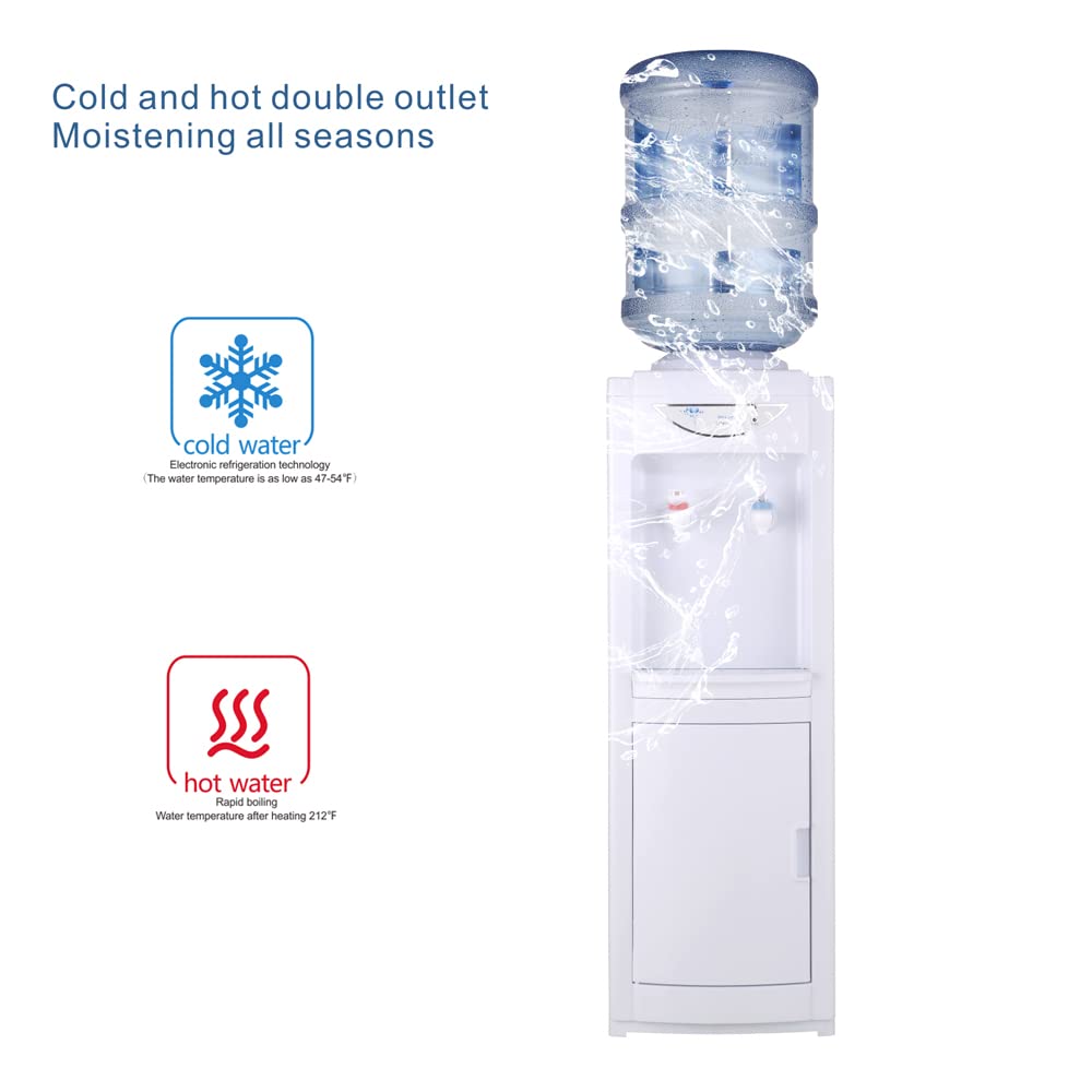 Hot&Cold Water Cooler Dispenser, 5 Gallon Top Loading Water Cooler for Home Office, Water Cooler Dispenser with Storage Cabinet, Chile Safety Lock,White