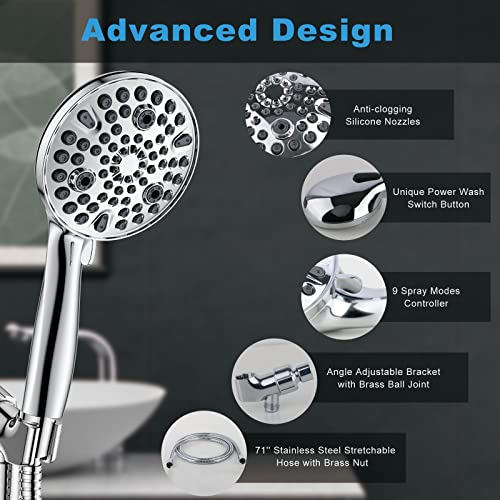 Rysdin High Pressure Shower Head, 10 Modes handheld Shower Head, Power Wash to Clean Tub, Tile&Pets, 4.7" Rain ShowerHead with Extra Long 71 Inches Stainless Steel Hose, Adjustable Bracket