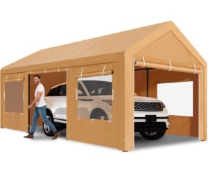 carport canopy 10x20 heavy duty with roll-up ventilated windows & doors, portable garage with removable sidewalls - boat shelter wedding party tent storage shed beige