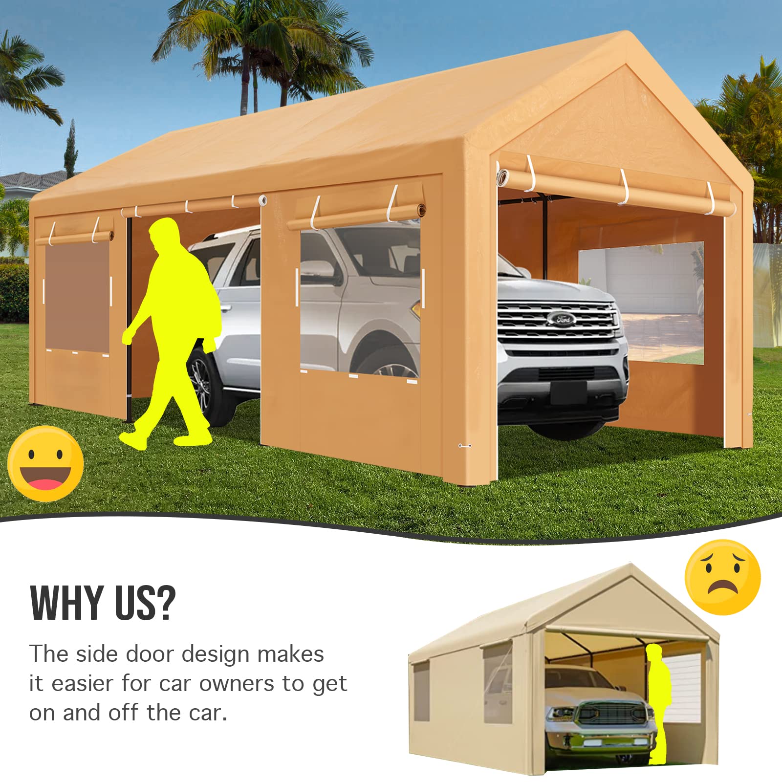 Carport Canopy 10x20 Heavy Duty with Roll-up Ventilated Windows & Doors, Portable Garage with Removable Sidewalls - Boat Shelter Wedding Party Tent Storage Shed Beige