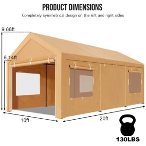 Carport Canopy 10x20 Heavy Duty with Roll-up Ventilated Windows & Doors, Portable Garage with Removable Sidewalls - Boat Shelter Wedding Party Tent Storage Shed Beige