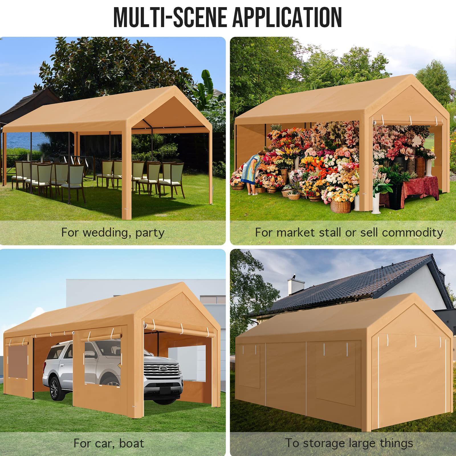 Carport Canopy 10x20 Heavy Duty with Roll-up Ventilated Windows & Doors, Portable Garage with Removable Sidewalls - Boat Shelter Wedding Party Tent Storage Shed Beige