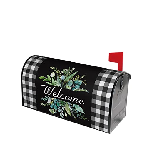 Kawani Wreath Buffalo Plaid Mailbox Covers Black White Plaid and Leaves Mailbox Cover Magnetic Welcome Mail Box Covers Garden Outdoor Decor Standard Size 21 x 18 Inchs