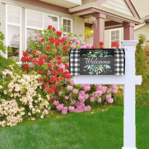 Kawani Wreath Buffalo Plaid Mailbox Covers Black White Plaid and Leaves Mailbox Cover Magnetic Welcome Mail Box Covers Garden Outdoor Decor Standard Size 21 x 18 Inchs