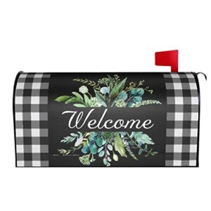 Kawani Wreath Buffalo Plaid Mailbox Covers Black White Plaid and Leaves Mailbox Cover Magnetic Welcome Mail Box Covers Garden Outdoor Decor Standard Size 21 x 18 Inchs