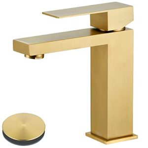 tohlar gold bathroom faucet, brushed gold faucet for bathroom sink, gold single hole bathroom faucet modern single handle vanity basin faucet with overflow pop up drain stopper and water supply lines