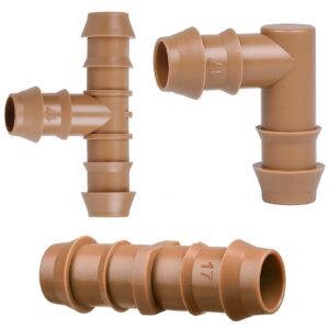 jayee drip irrigation barbed fittings set, including 25 tees,25 elbows and 30 couplings, barbed connectors for universal 1/2 inch drip tubing or sprinkler system