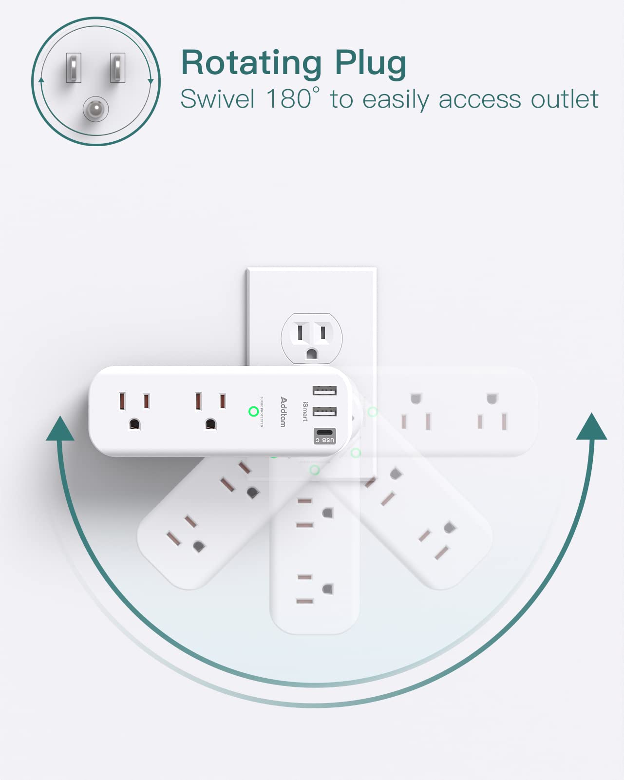 Surge Protector - Outlet Extender with Rotating and Multi Plug with 6 AC 3 USB Ports (1 USB C), 3-Sided Power Strip with Wall Adapter Charger for Home Travel Office, ETL Listed (1800J)