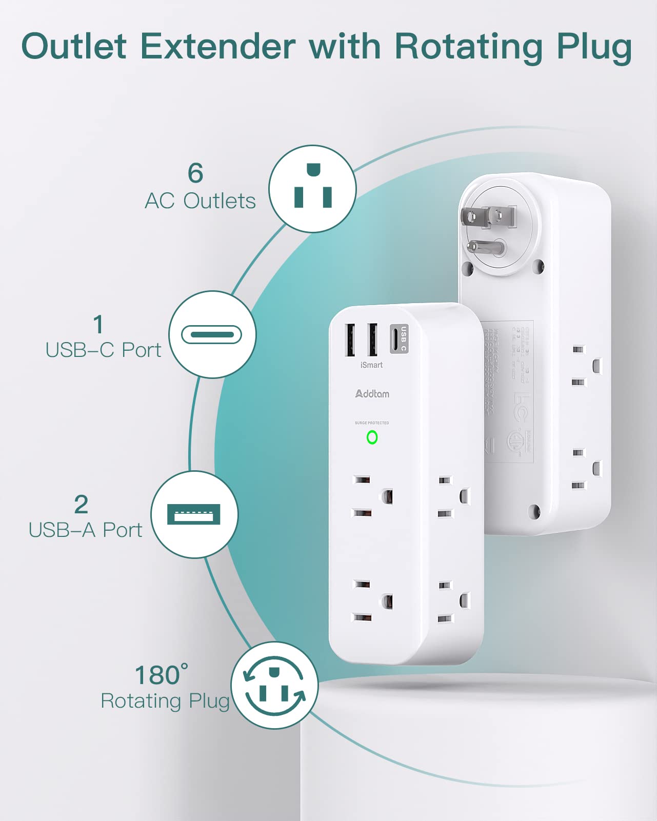 Surge Protector - Outlet Extender with Rotating and Multi Plug with 6 AC 3 USB Ports (1 USB C), 3-Sided Power Strip with Wall Adapter Charger for Home Travel Office, ETL Listed (1800J)