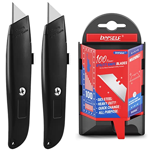 DIYSELF 2Pack Utility Knife Box Cutter Retractable and 100Pack Box Cutter Blades