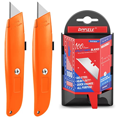 DIYSELF 2Pack Utility Knife Box Cutter Retractable and 100Pack Box Cutter Blades