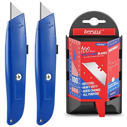 DIYSELF 2Pack Utility Knife Box Cutter Retractable and 100Pack Box Cutter Blades