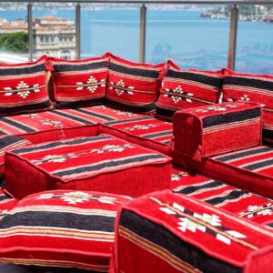 Red Corner Floor Sofa Seating Set, U Shaped Arabic Sofa Set, Oriental Floor Seating, Floor Cushions, Living Room Sofa, Arabic Majlis,Floor Couch (U Sofa Full Set)