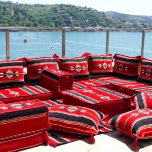 Red Corner Floor Sofa Seating Set, U Shaped Arabic Sofa Set, Oriental Floor Seating, Floor Cushions, Living Room Sofa, Arabic Majlis,Floor Couch (U Sofa Full Set)