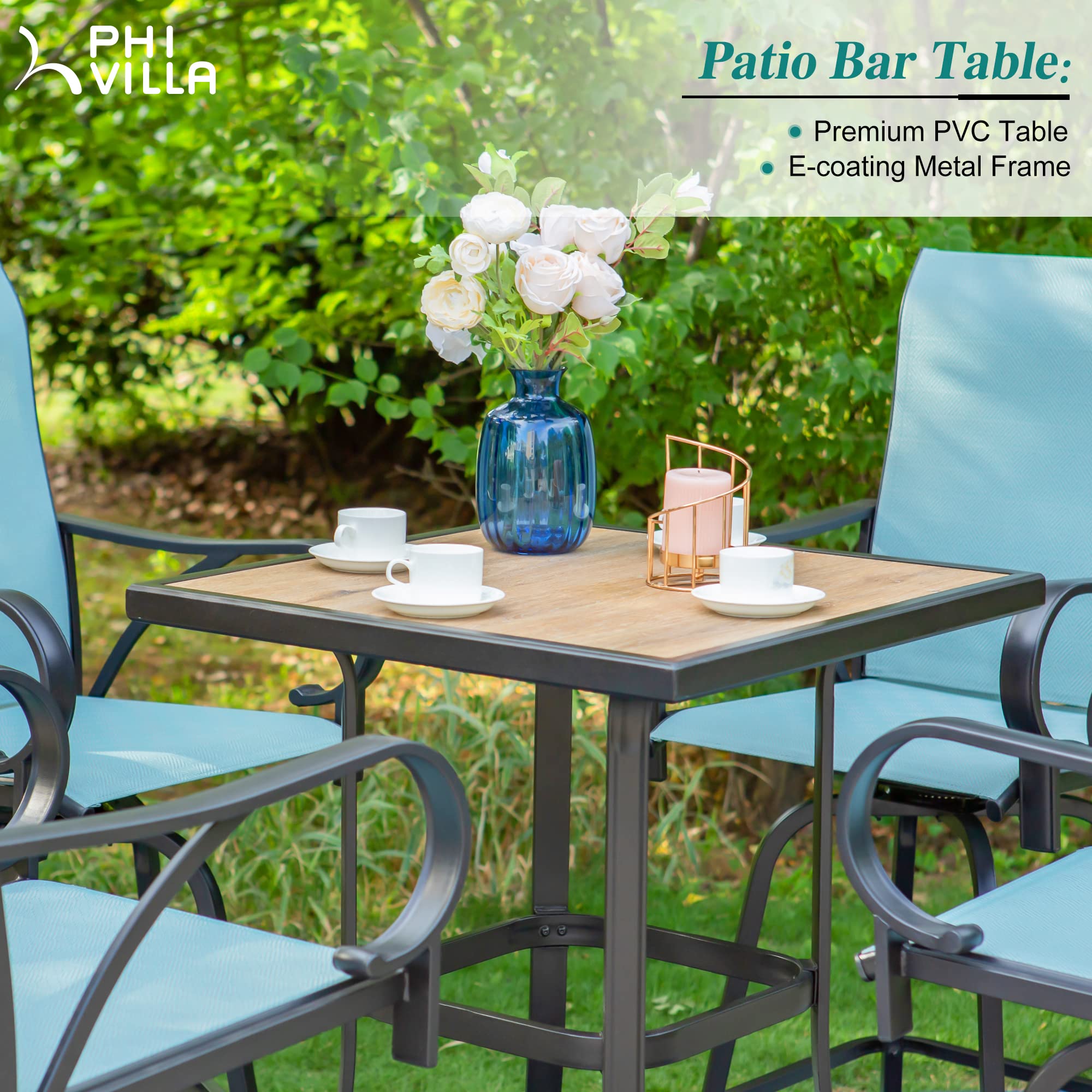 PHI VILLA Outdoor Patio Swivel Bar Set of 3, Jacquard Lake Blue Textilene Furniture Bistro Set with 2 Outdoor Bar Stools and Square Patio Bar Table for Garden Lawn Yard