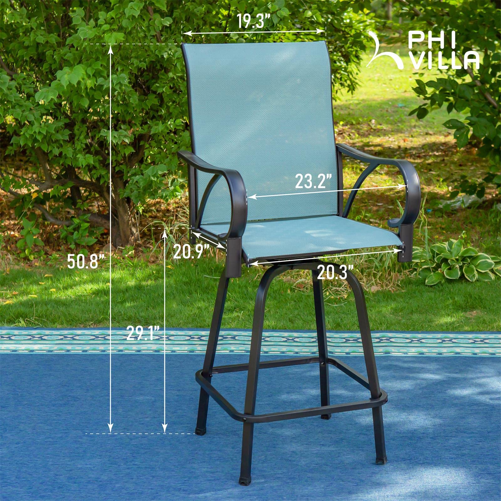 PHI VILLA Patio Outdoor Bar Stool Swivel Chairs, Outdoor Bar Height Patio Chairs with Back, All-Weather Textilene Fabric Bar Furniture for Garden, Waterproof and Quick-Drying, Set of 6