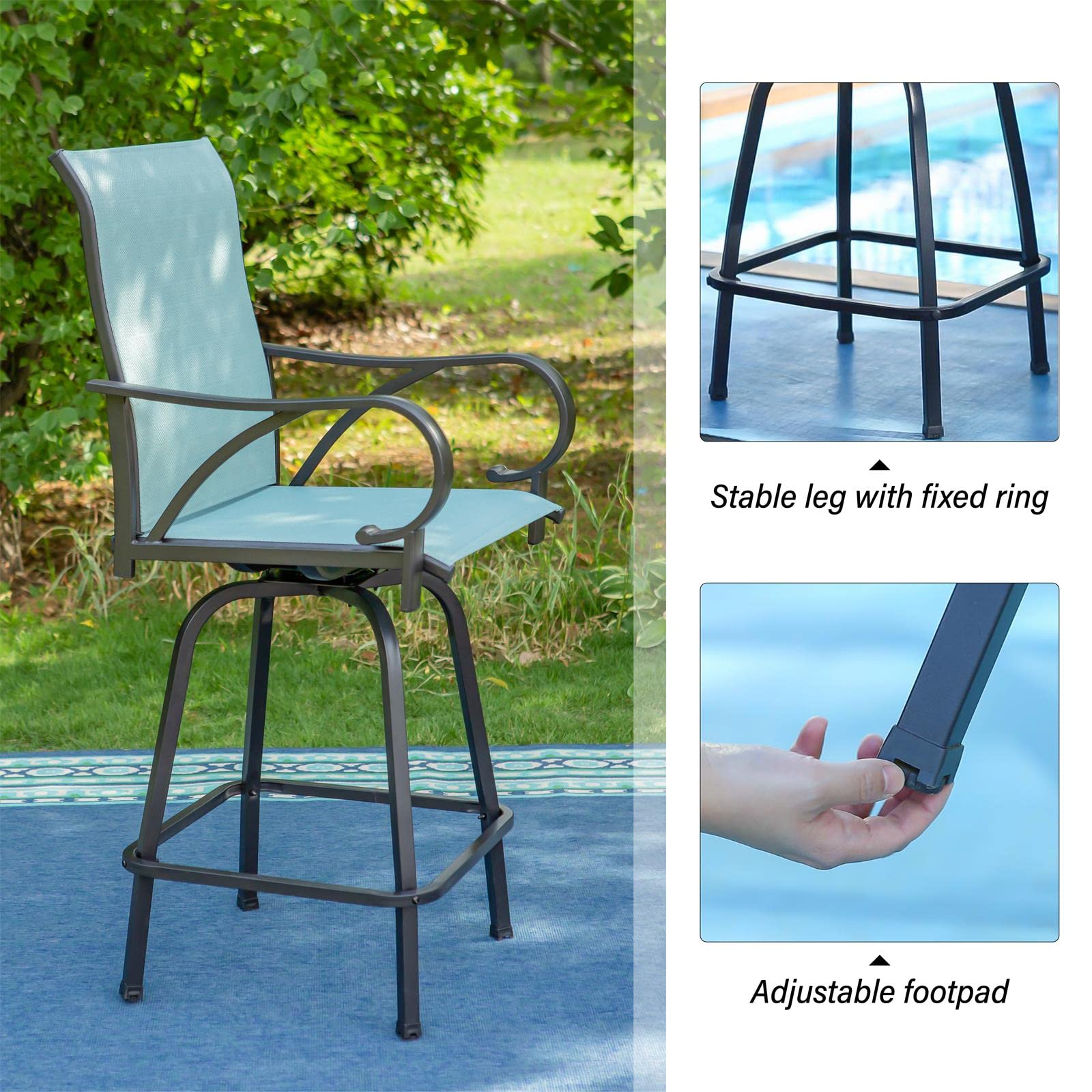 PHI VILLA Patio Outdoor Bar Stool Swivel Chairs, Outdoor Bar Height Patio Chairs with Back, All-Weather Textilene Fabric Bar Furniture for Garden, Waterproof and Quick-Drying, Set of 6